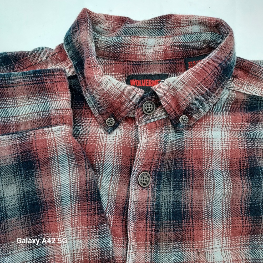 Mens Wolverine Button Down Flannel Shirt Plaid Red‎ Gray Long Sleeve L/G